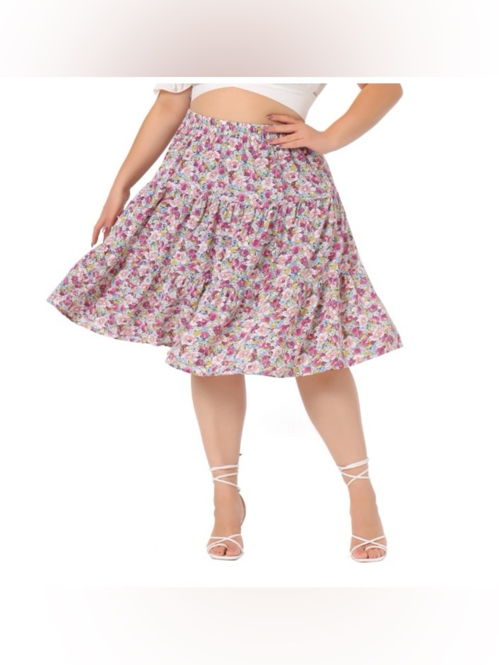 Agnes Orinda Plus Size Floral A-Line Stretch High Waist Tiered Skirts Summer
